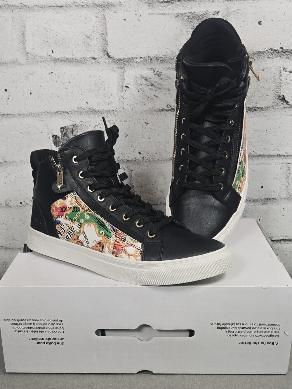 Aldo Destry Mens 10 High Top Sneakers Black Baroque Print Side Zip Y2K